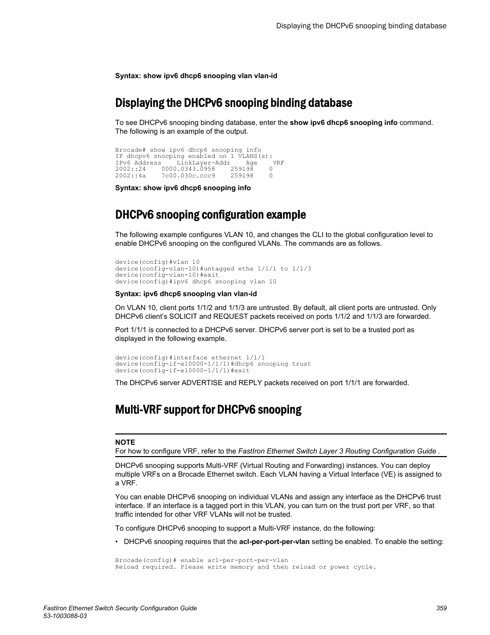 Displaying the dhcpv6 snooping binding database, Dhcpv6 snooping configuration example, Multi-vrf support for dhcpv6 snooping | Brocade FastIron Ethernet Switch Security Configuration Guide User Manual | Page 359 / 396