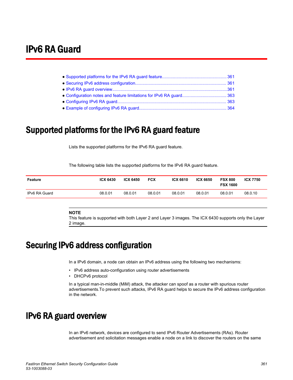 Ipv6 ra guard, Supported platforms for the ipv6 ra guard feature, Securing ipv6 address configuration | Ipv6 ra guard overview | Brocade FastIron Ethernet Switch Security Configuration Guide User Manual | Page 361 / 396