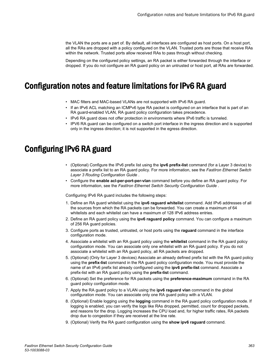 Configuring ipv6 ra guard | Brocade FastIron Ethernet Switch Security Configuration Guide User Manual | Page 363 / 396