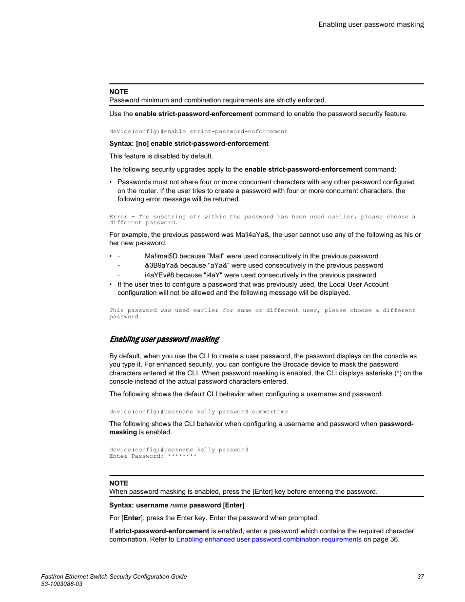 Enabling user password masking | Brocade FastIron Ethernet Switch Security Configuration Guide User Manual | Page 37 / 396