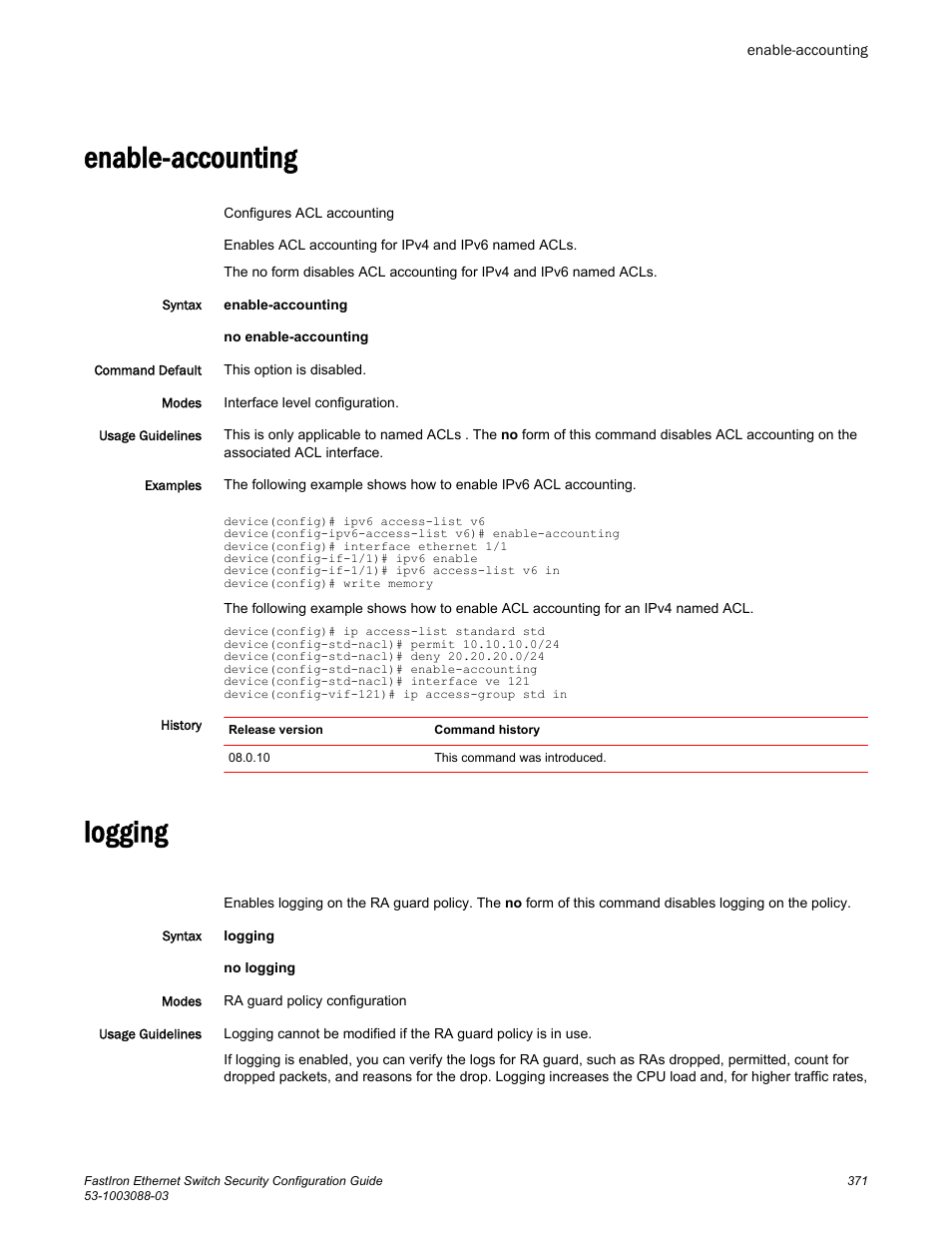 Enable-accounting, Logging, Enable-accounting logging | Brocade FastIron Ethernet Switch Security Configuration Guide User Manual | Page 371 / 396