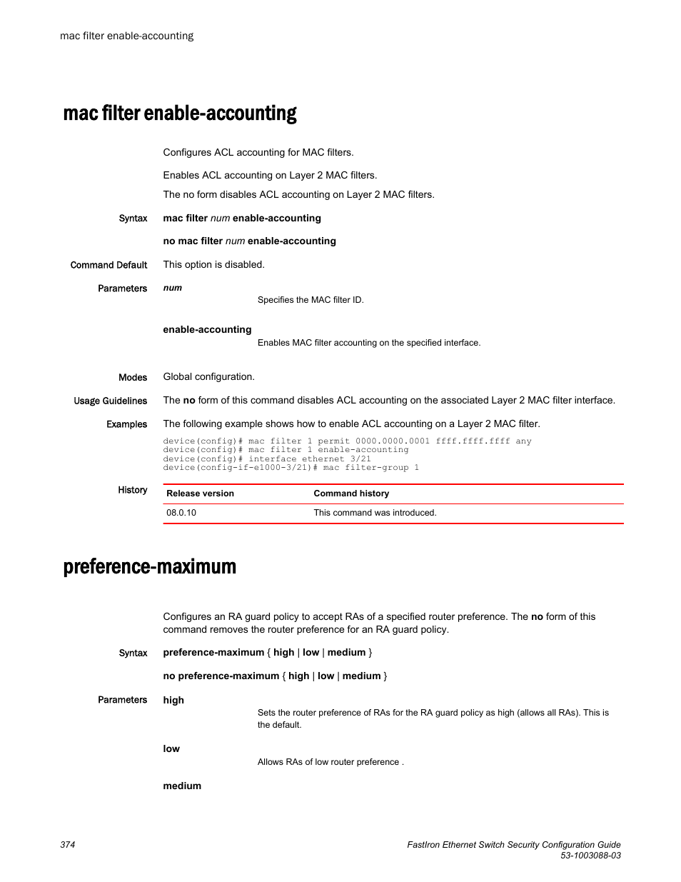 Mac filter enable-accounting, Preference-maximum, Mac filter enable-accounting preference-maximum | Brocade FastIron Ethernet Switch Security Configuration Guide User Manual | Page 374 / 396