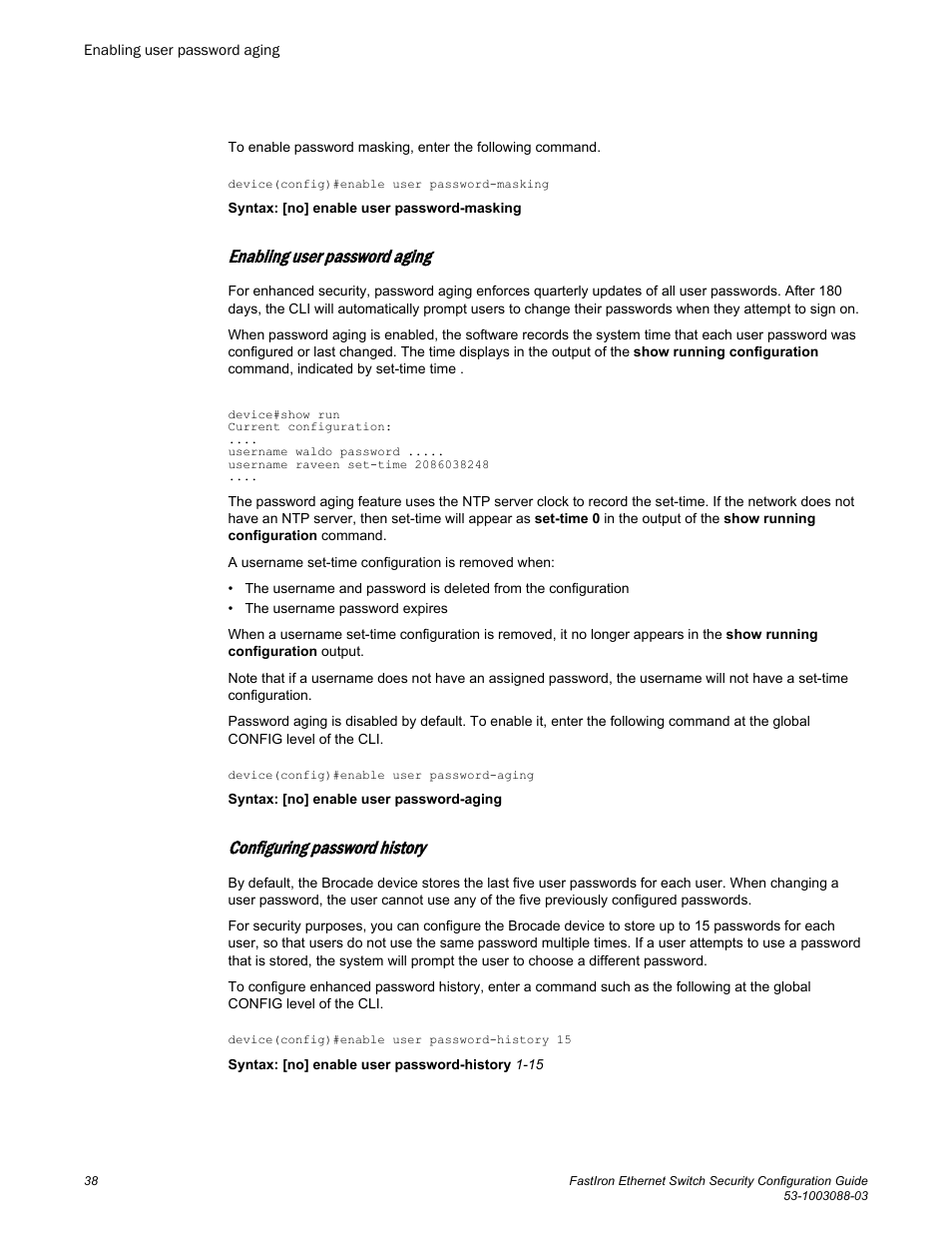 Enabling user password aging, Configuring password history | Brocade FastIron Ethernet Switch Security Configuration Guide User Manual | Page 38 / 396
