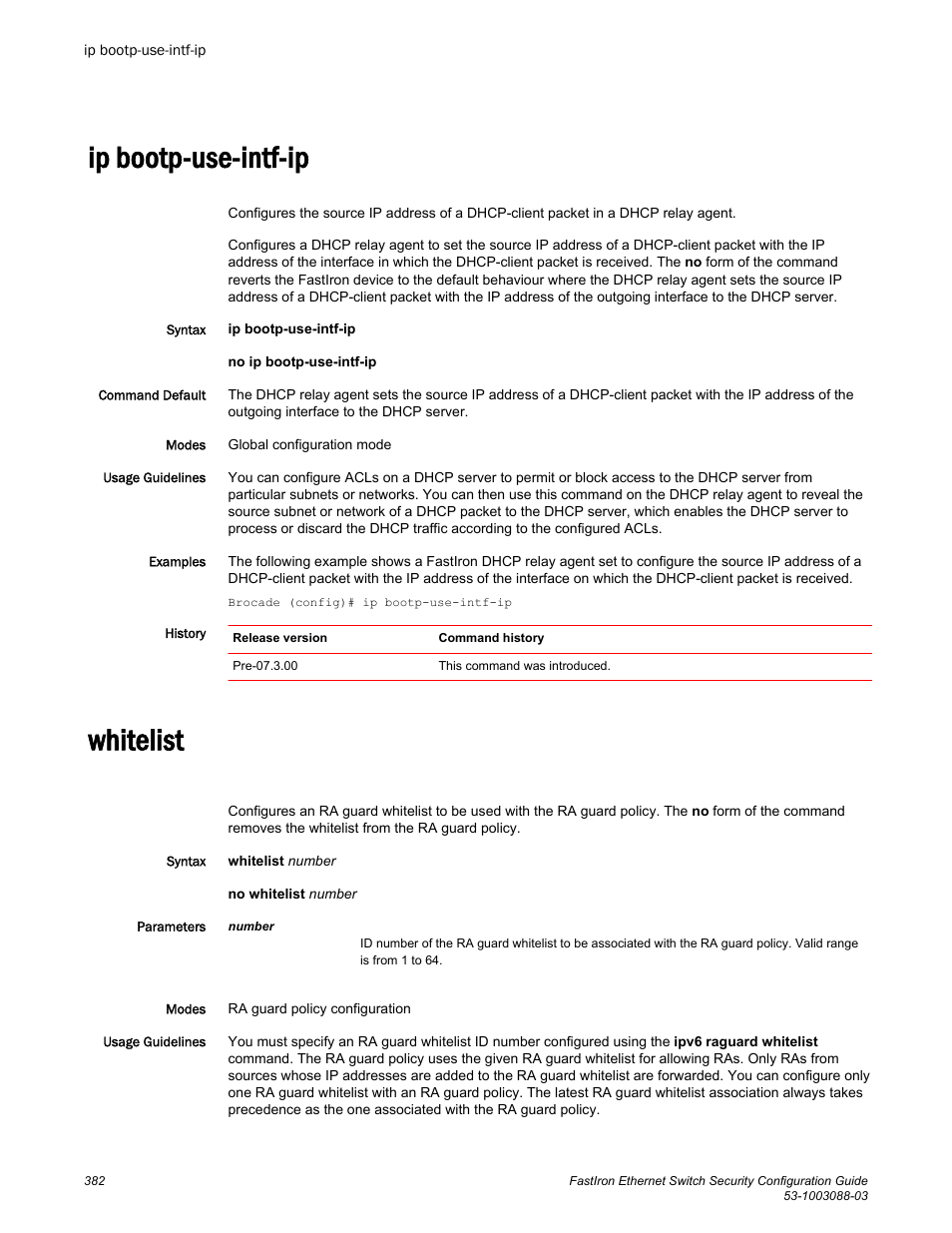 Ip bootp-use-intf-ip, Whitelist, Ip bootp-use-intf-ip whitelist | Brocade FastIron Ethernet Switch Security Configuration Guide User Manual | Page 382 / 396