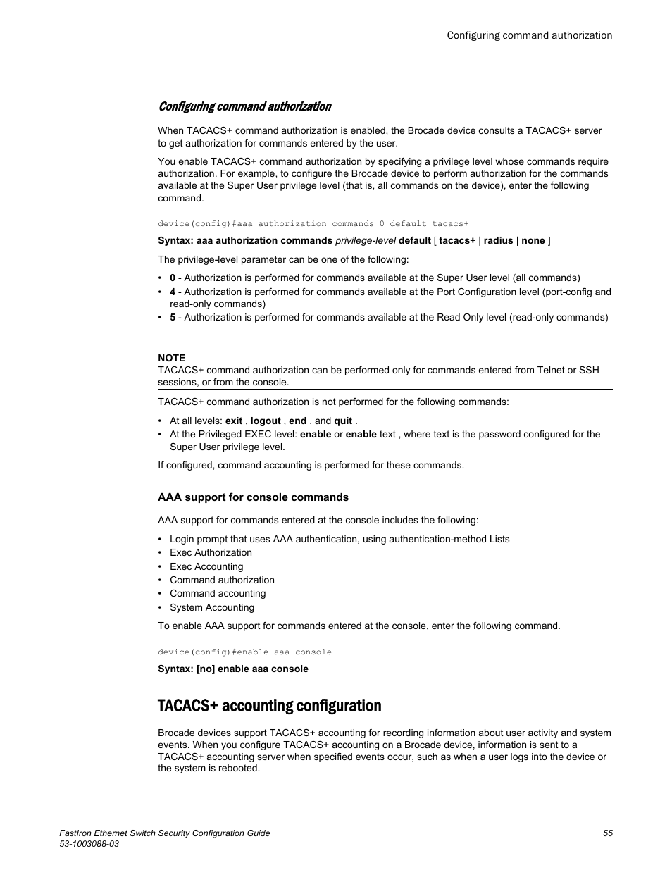 Configuring command authorization, Tacacs+ accounting configuration | Brocade FastIron Ethernet Switch Security Configuration Guide User Manual | Page 55 / 396
