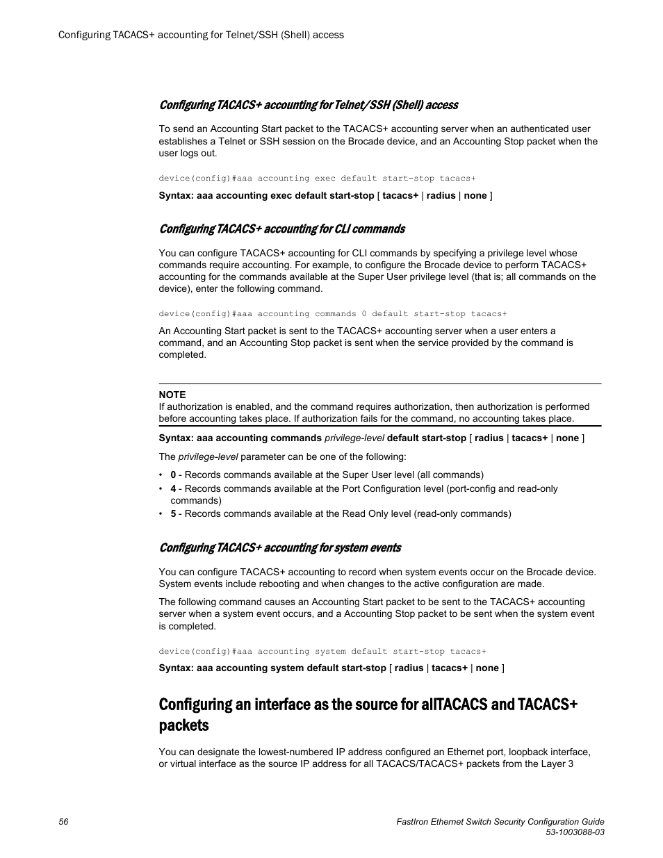 Configuring tacacs+ accounting for cli commands, Configuring tacacs+ accounting for system events, Tacacs+ packets | Brocade FastIron Ethernet Switch Security Configuration Guide User Manual | Page 56 / 396