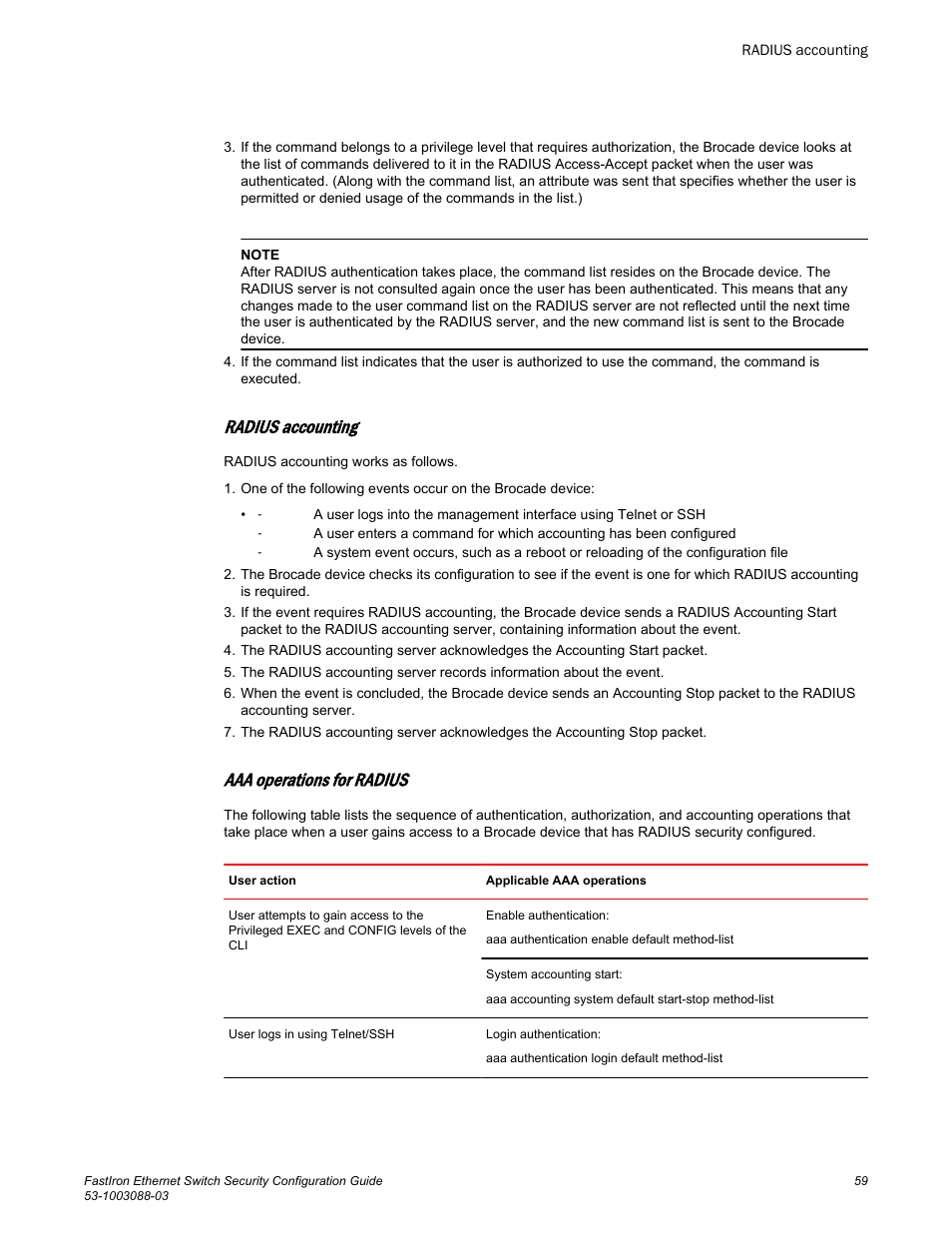 Radius accounting, Aaa operations for radius | Brocade FastIron Ethernet Switch Security Configuration Guide User Manual | Page 59 / 396