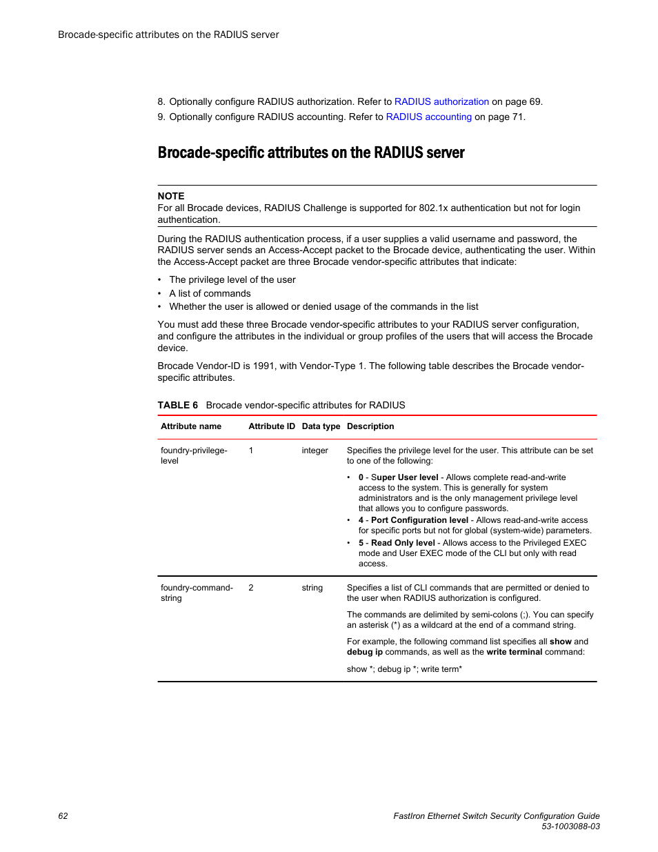 Brocade-specific attributes on the radius server, Brocade-specific, Attributes on the radius server | Brocade FastIron Ethernet Switch Security Configuration Guide User Manual | Page 62 / 396