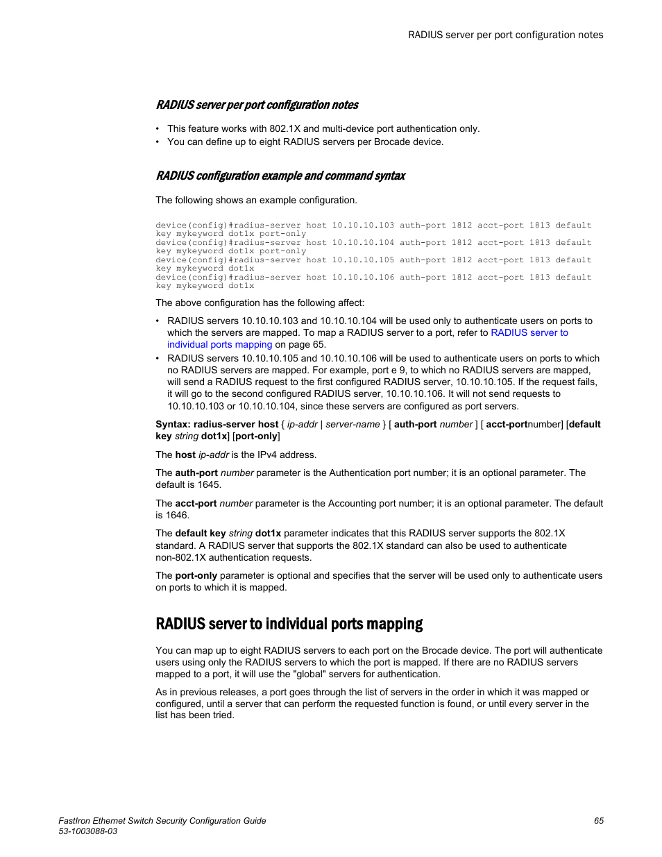 Radius server per port configuration notes, Radius configuration example and command syntax, Radius server to individual ports mapping | Radius, Server to individual ports mapping, Brocade device. refer to, Radius server to, Individual ports mapping | Brocade FastIron Ethernet Switch Security Configuration Guide User Manual | Page 65 / 396