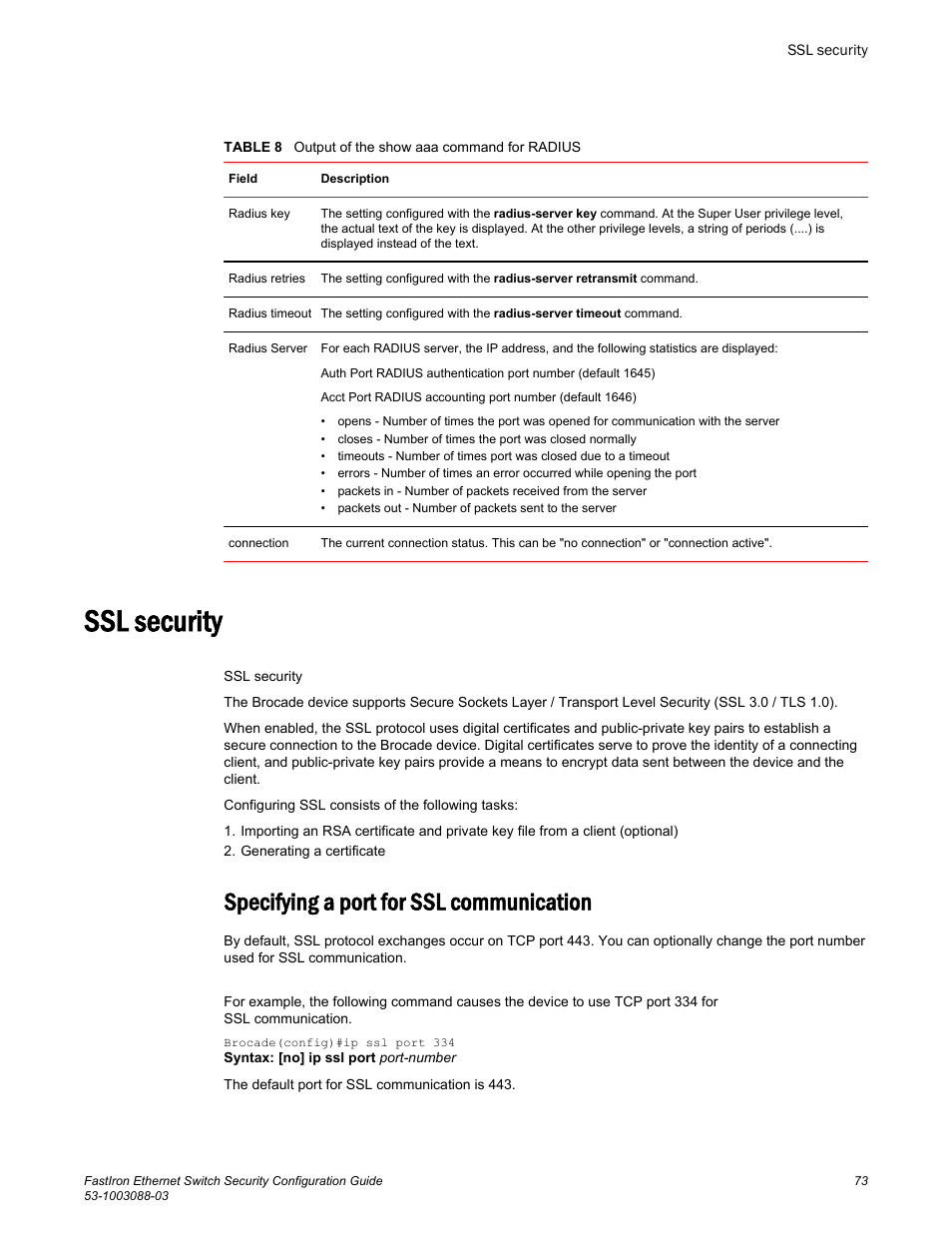 Ssl security, Specifying a port for ssl communication | Brocade FastIron Ethernet Switch Security Configuration Guide User Manual | Page 73 / 396