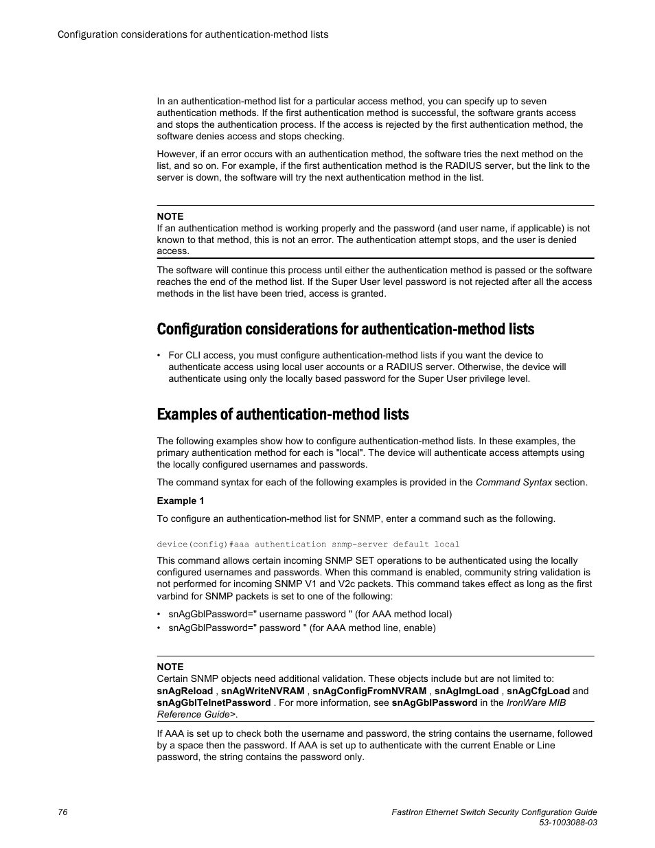 Examples of authentication-method lists | Brocade FastIron Ethernet Switch Security Configuration Guide User Manual | Page 76 / 396