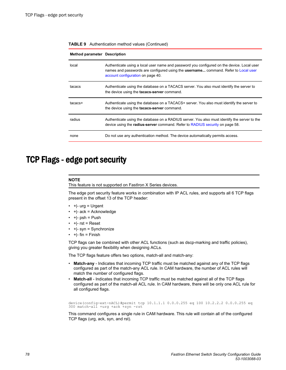 Tcp flags - edge port security | Brocade FastIron Ethernet Switch Security Configuration Guide User Manual | Page 78 / 396