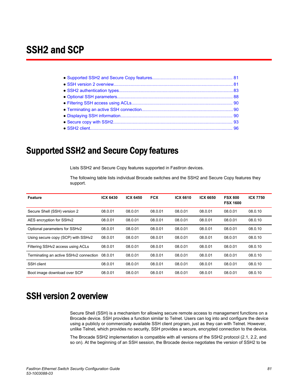 Ssh2 and scp, Supported ssh2 and secure copy features, Ssh version 2 overview | Brocade FastIron Ethernet Switch Security Configuration Guide User Manual | Page 81 / 396