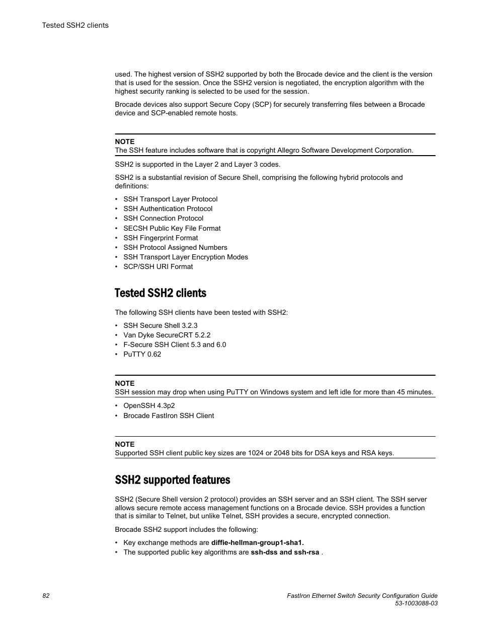 Tested ssh2 clients, Ssh2 supported features, Tested ssh2 clients ssh2 supported features | Brocade FastIron Ethernet Switch Security Configuration Guide User Manual | Page 82 / 396