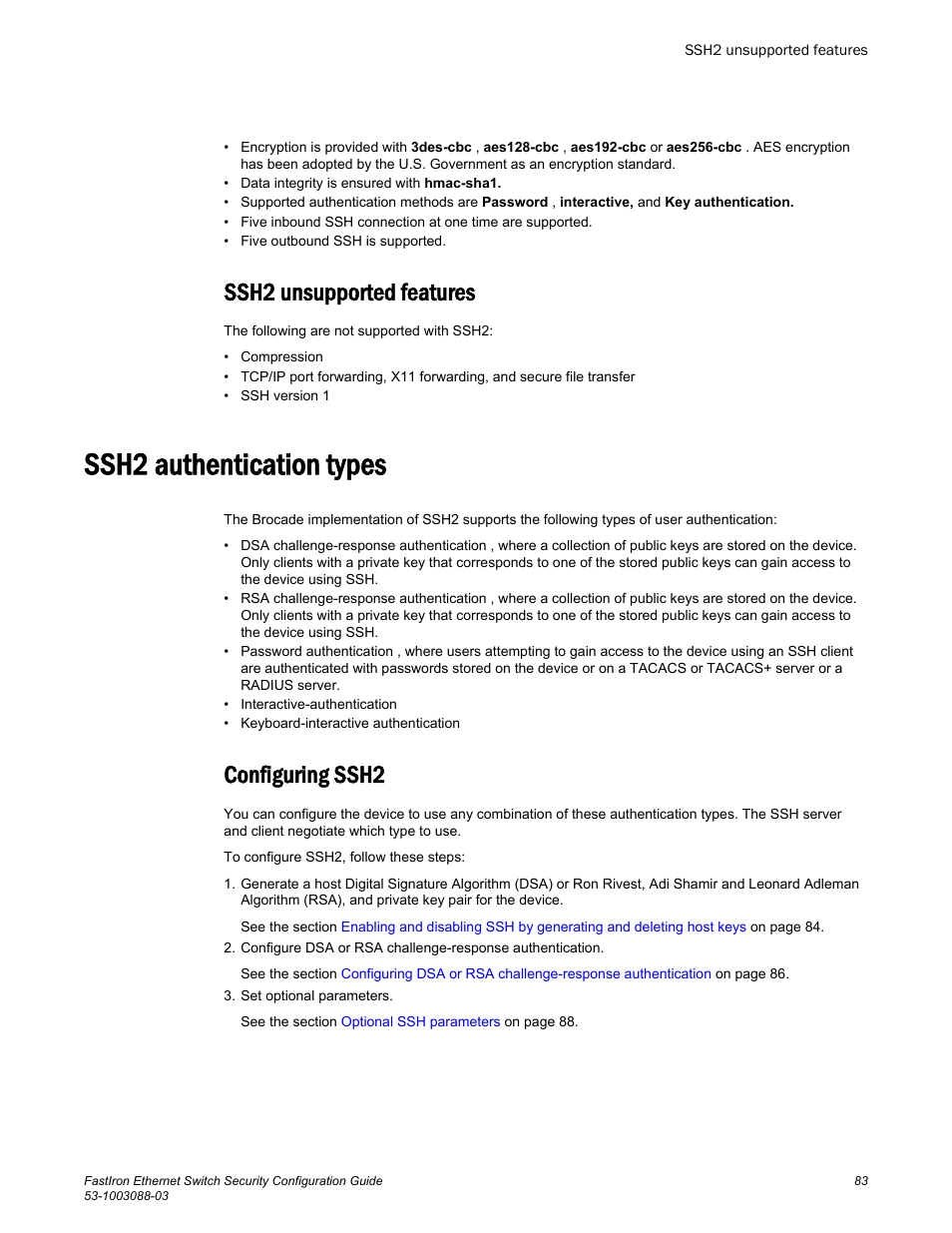 Ssh2 unsupported features, Ssh2 authentication types, Configuring ssh2 | Brocade FastIron Ethernet Switch Security Configuration Guide User Manual | Page 83 / 396