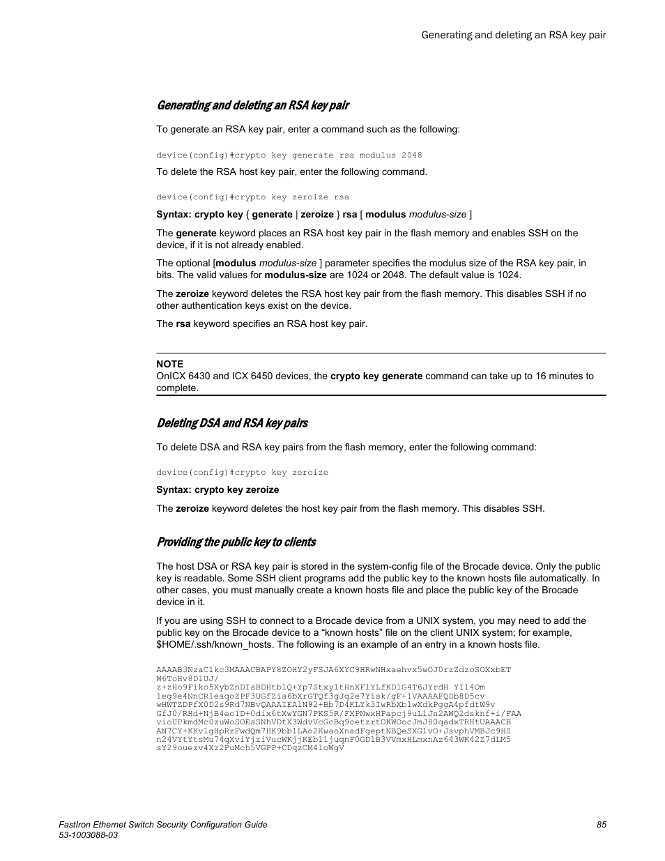 Generating and deleting an rsa key pair, Deleting dsa and rsa key pairs, Providing the public key to clients | Brocade FastIron Ethernet Switch Security Configuration Guide User Manual | Page 85 / 396