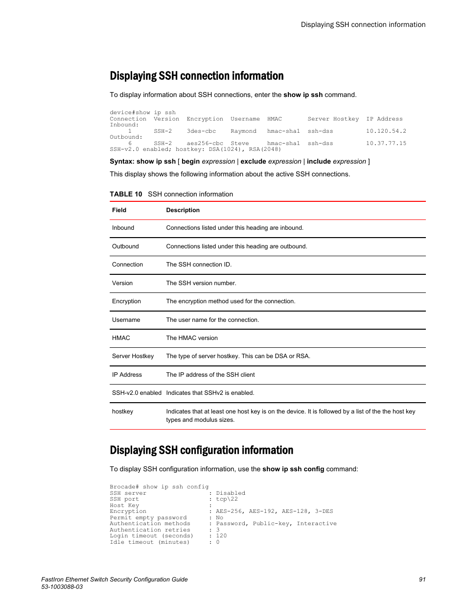 Displaying ssh connection information, Displaying ssh configuration information | Brocade FastIron Ethernet Switch Security Configuration Guide User Manual | Page 91 / 396