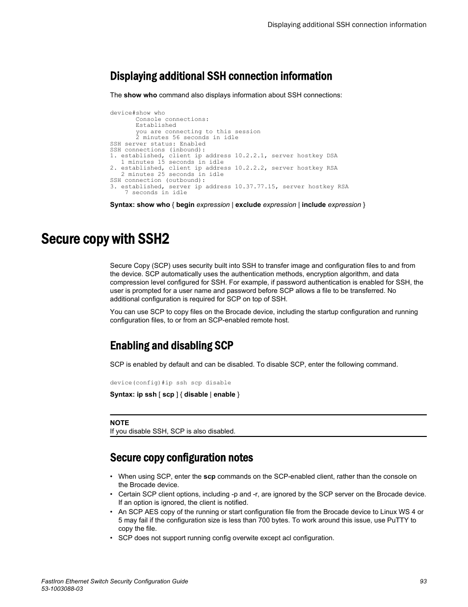 Displaying additional ssh connection information, Secure copy with ssh2, Enabling and disabling scp | Secure copy configuration notes | Brocade FastIron Ethernet Switch Security Configuration Guide User Manual | Page 93 / 396