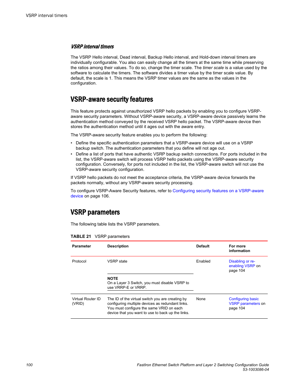 Vsrp interval timers, Vsrp-aware security features, Vsrp parameters | Vsrp-aware security features vsrp parameters | Brocade FastIron Ethernet Switch Platform and Layer 2 Switching Configuration Guide User Manual | Page 100 / 454
