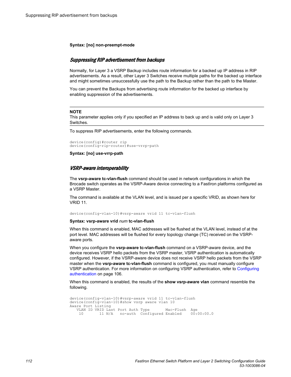 Suppressing rip advertisement from backups, Vsrp-aware interoperablilty | Brocade FastIron Ethernet Switch Platform and Layer 2 Switching Configuration Guide User Manual | Page 112 / 454