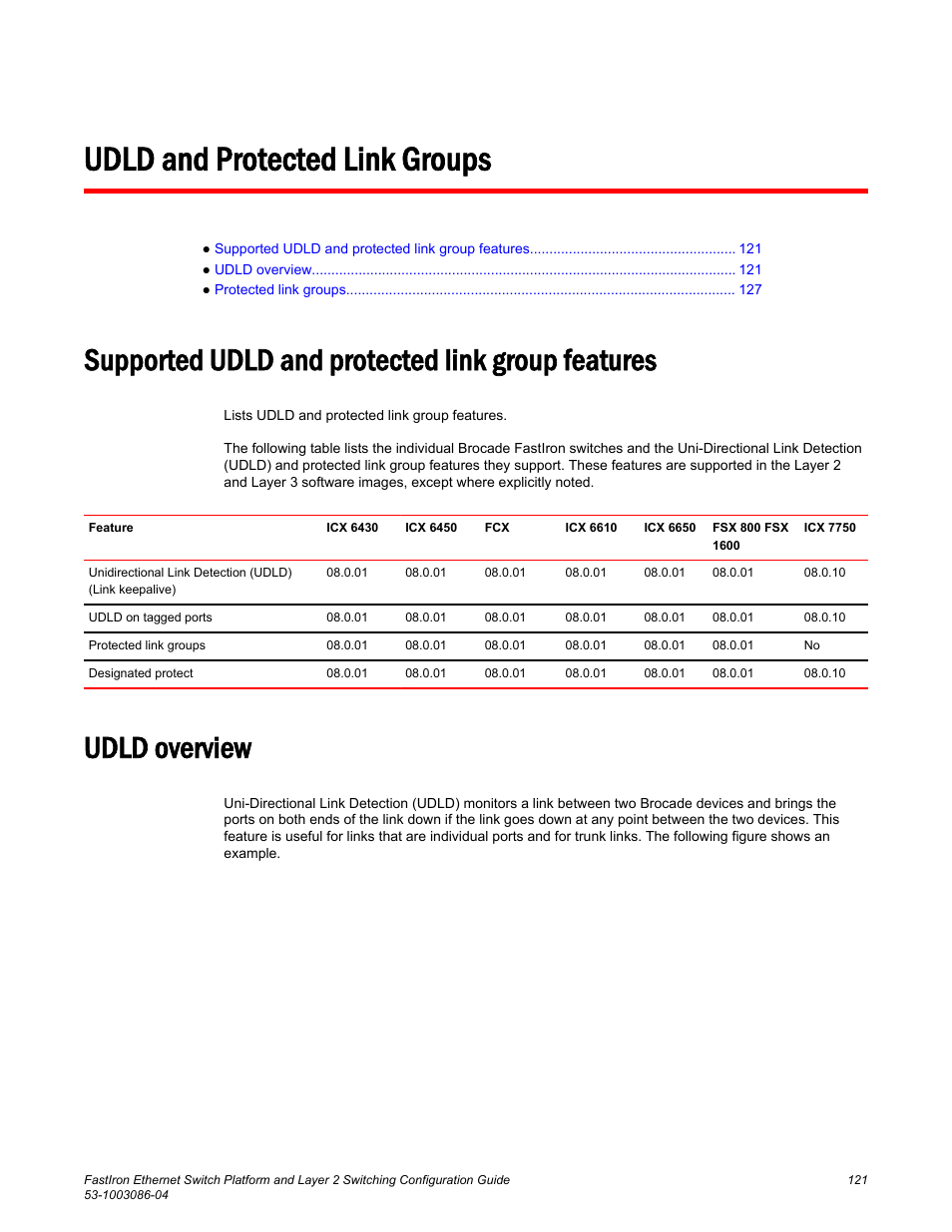 Udld and protected link groups, Supported udld and protected link group features, Udld overview | Brocade FastIron Ethernet Switch Platform and Layer 2 Switching Configuration Guide User Manual | Page 121 / 454