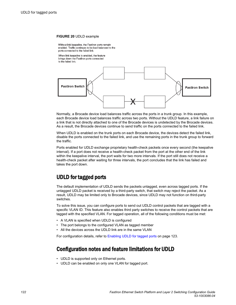 Udld for tagged ports | Brocade FastIron Ethernet Switch Platform and Layer 2 Switching Configuration Guide User Manual | Page 122 / 454