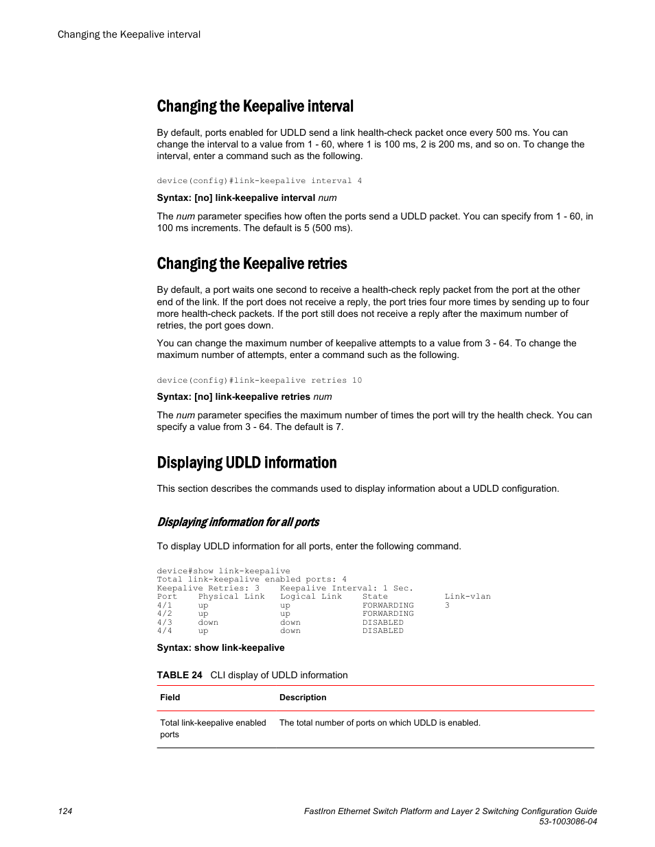 Changing the keepalive interval, Changing the keepalive retries, Displaying udld information | Displaying information for all ports | Brocade FastIron Ethernet Switch Platform and Layer 2 Switching Configuration Guide User Manual | Page 124 / 454