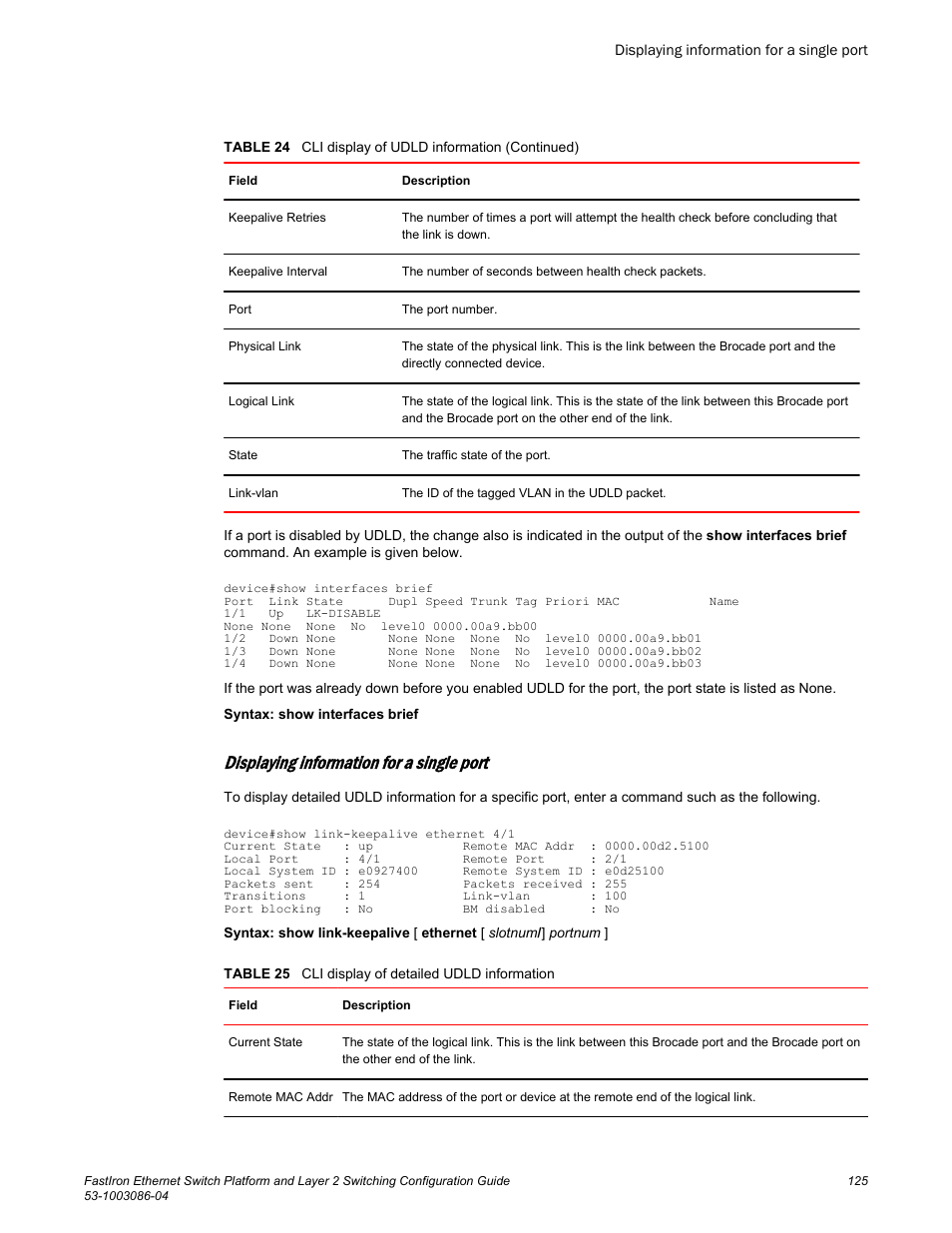 Displaying information for a single port | Brocade FastIron Ethernet Switch Platform and Layer 2 Switching Configuration Guide User Manual | Page 125 / 454