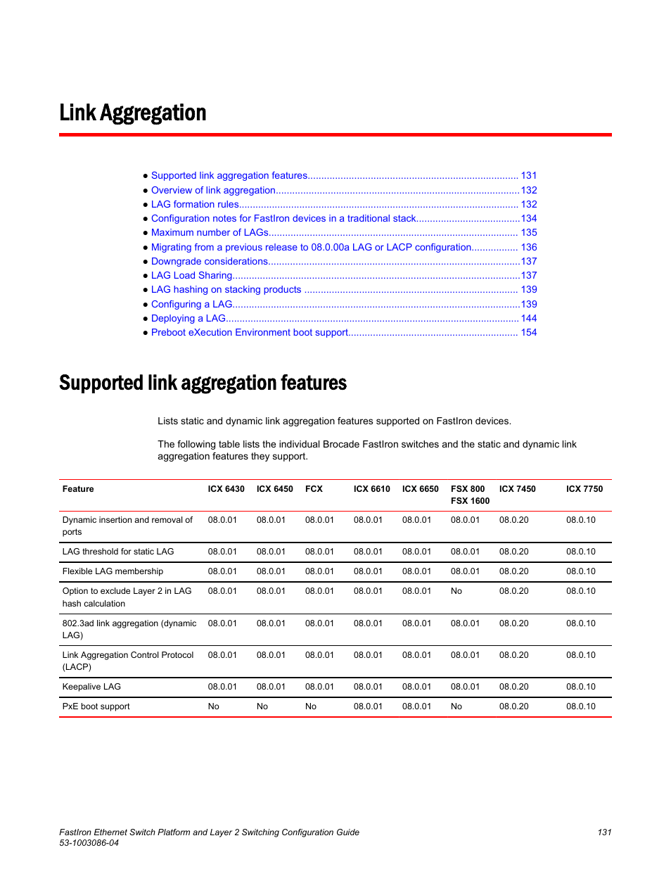 Link aggregation, Supported link aggregation features | Brocade FastIron Ethernet Switch Platform and Layer 2 Switching Configuration Guide User Manual | Page 131 / 454