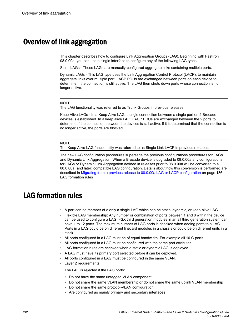 Overview of link aggregation, Lag formation rules, Overview of link aggregation lag formation rules | Brocade FastIron Ethernet Switch Platform and Layer 2 Switching Configuration Guide User Manual | Page 132 / 454