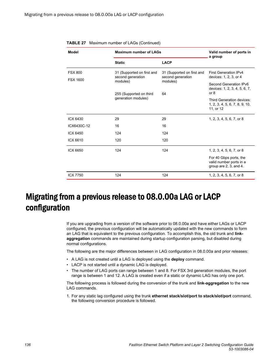 Brocade FastIron Ethernet Switch Platform and Layer 2 Switching Configuration Guide User Manual | Page 136 / 454