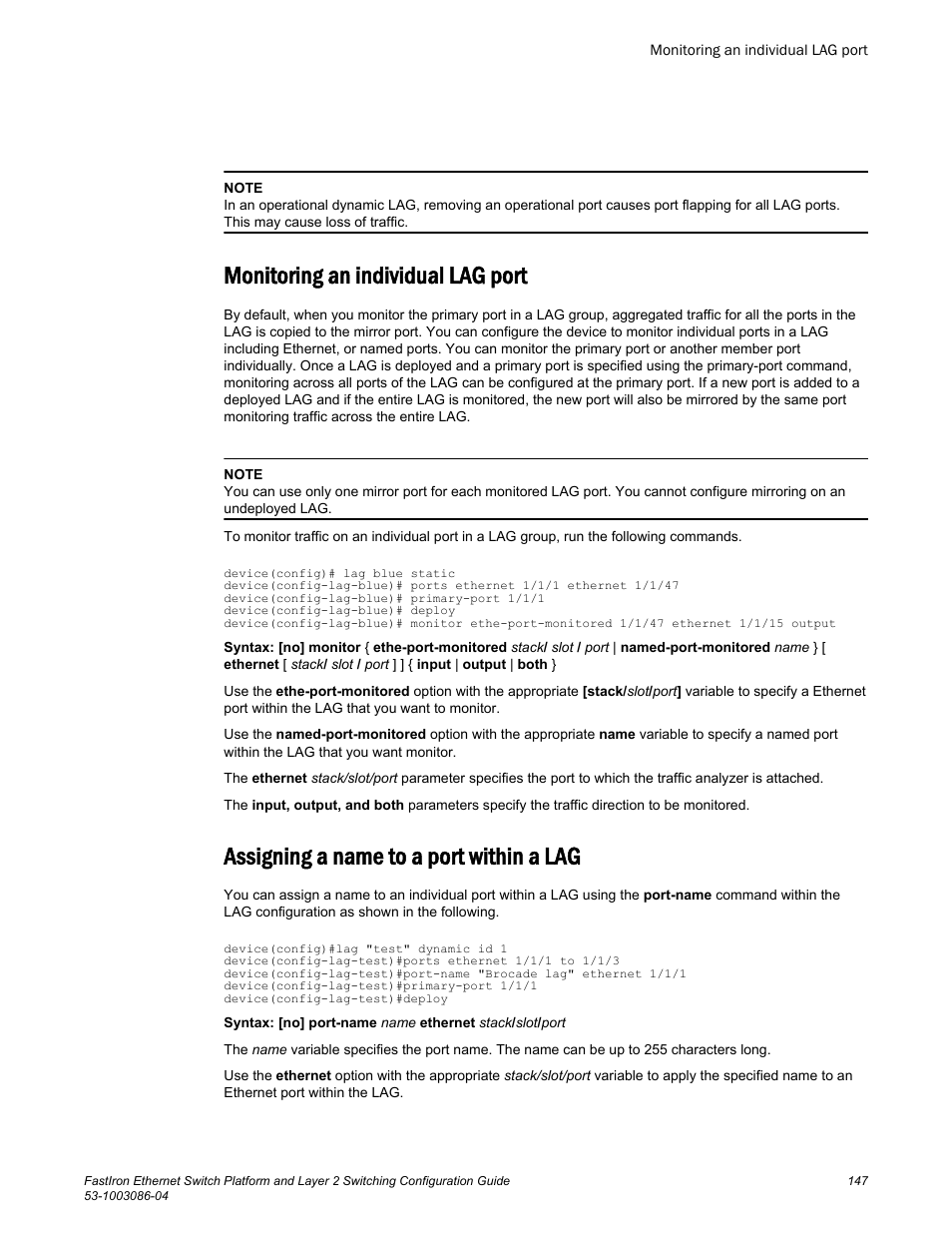 Monitoring an individual lag port, Assigning a name to a port within a lag | Brocade FastIron Ethernet Switch Platform and Layer 2 Switching Configuration Guide User Manual | Page 147 / 454