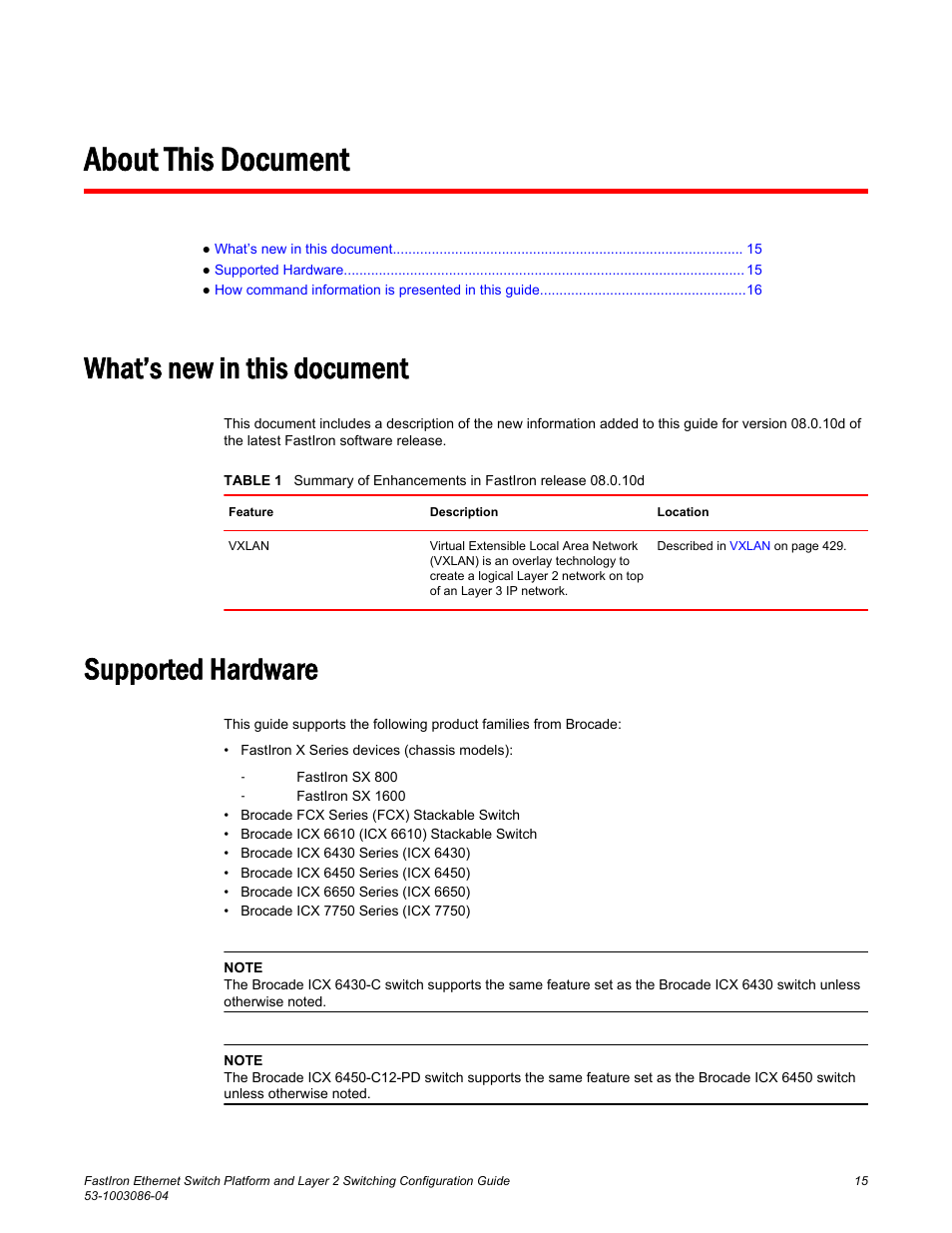 About this document, What’s new in this document, Supported hardware | What’s new in this document supported hardware | Brocade FastIron Ethernet Switch Platform and Layer 2 Switching Configuration Guide User Manual | Page 15 / 454