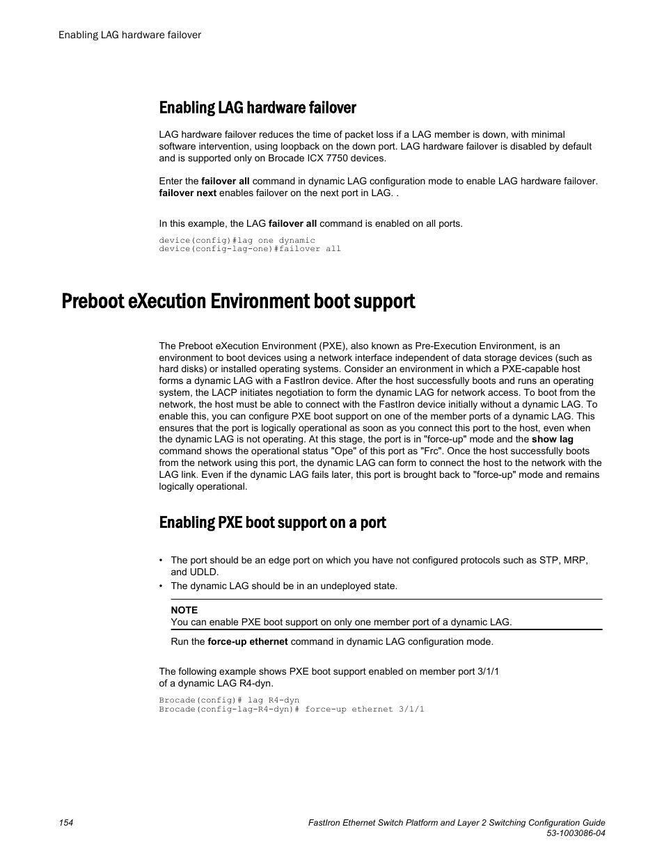 Enabling lag hardware failover, Preboot execution environment boot support, Enabling pxe boot support on a port | Brocade FastIron Ethernet Switch Platform and Layer 2 Switching Configuration Guide User Manual | Page 154 / 454