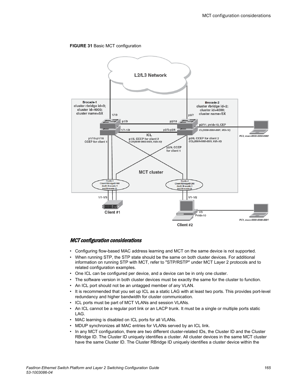 Mct configuration considerations | Brocade FastIron Ethernet Switch Platform and Layer 2 Switching Configuration Guide User Manual | Page 165 / 454