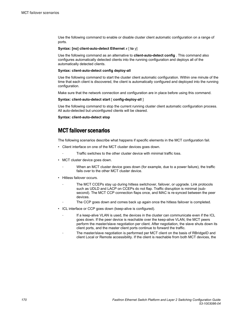 Mct failover scenarios | Brocade FastIron Ethernet Switch Platform and Layer 2 Switching Configuration Guide User Manual | Page 170 / 454