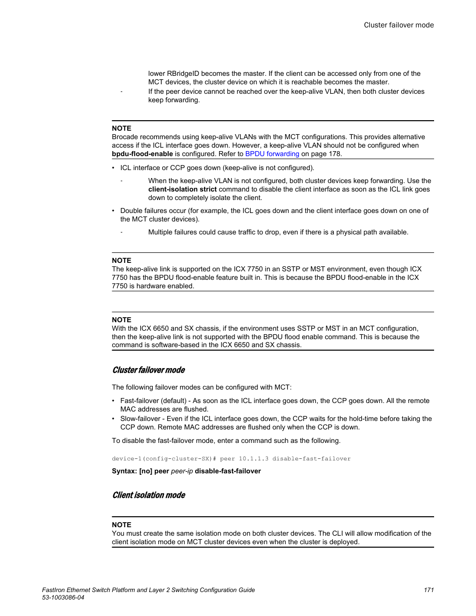 Cluster failover mode, Client isolation mode | Brocade FastIron Ethernet Switch Platform and Layer 2 Switching Configuration Guide User Manual | Page 171 / 454