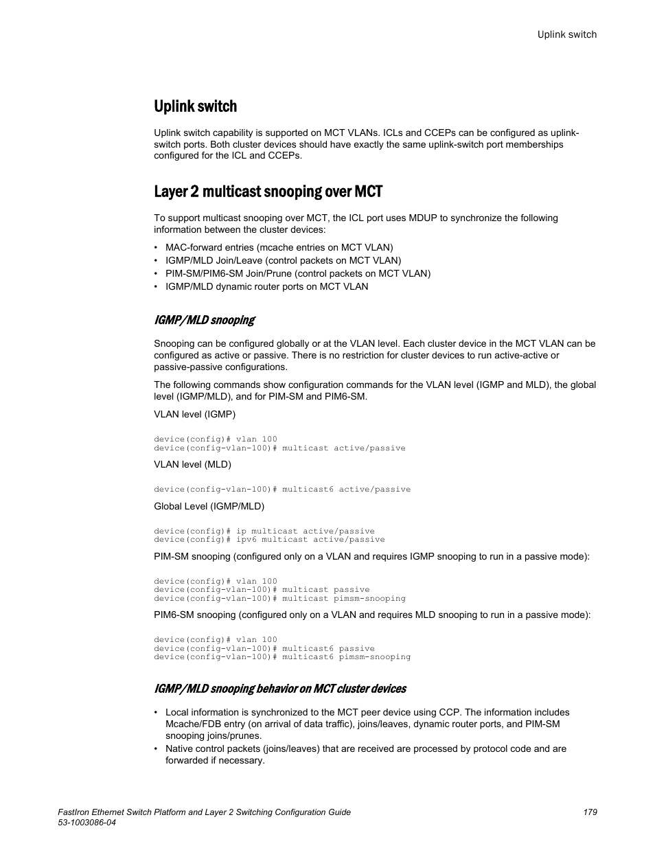 Uplink switch, Layer 2 multicast snooping over mct, Igmp/mld snooping | Igmp/mld snooping behavior on mct cluster devices, Uplink switch layer 2 multicast snooping over mct | Brocade FastIron Ethernet Switch Platform and Layer 2 Switching Configuration Guide User Manual | Page 179 / 454