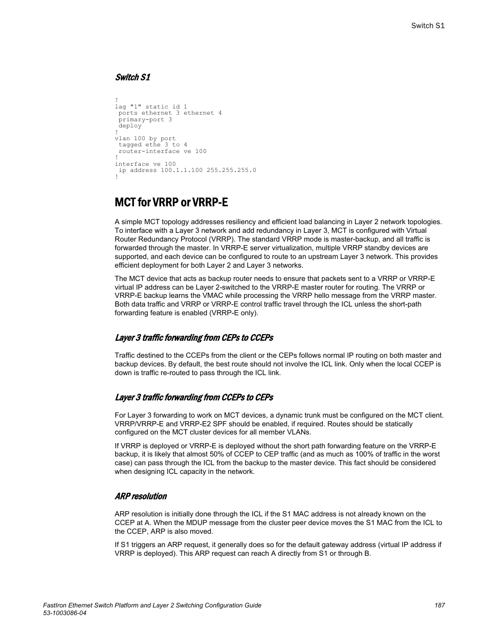 Switch s1, Mct for vrrp or vrrp-e, Layer 3 traffic forwarding from ceps to cceps | Layer 3 traffic forwarding from cceps to ceps, Arp resolution | Brocade FastIron Ethernet Switch Platform and Layer 2 Switching Configuration Guide User Manual | Page 187 / 454