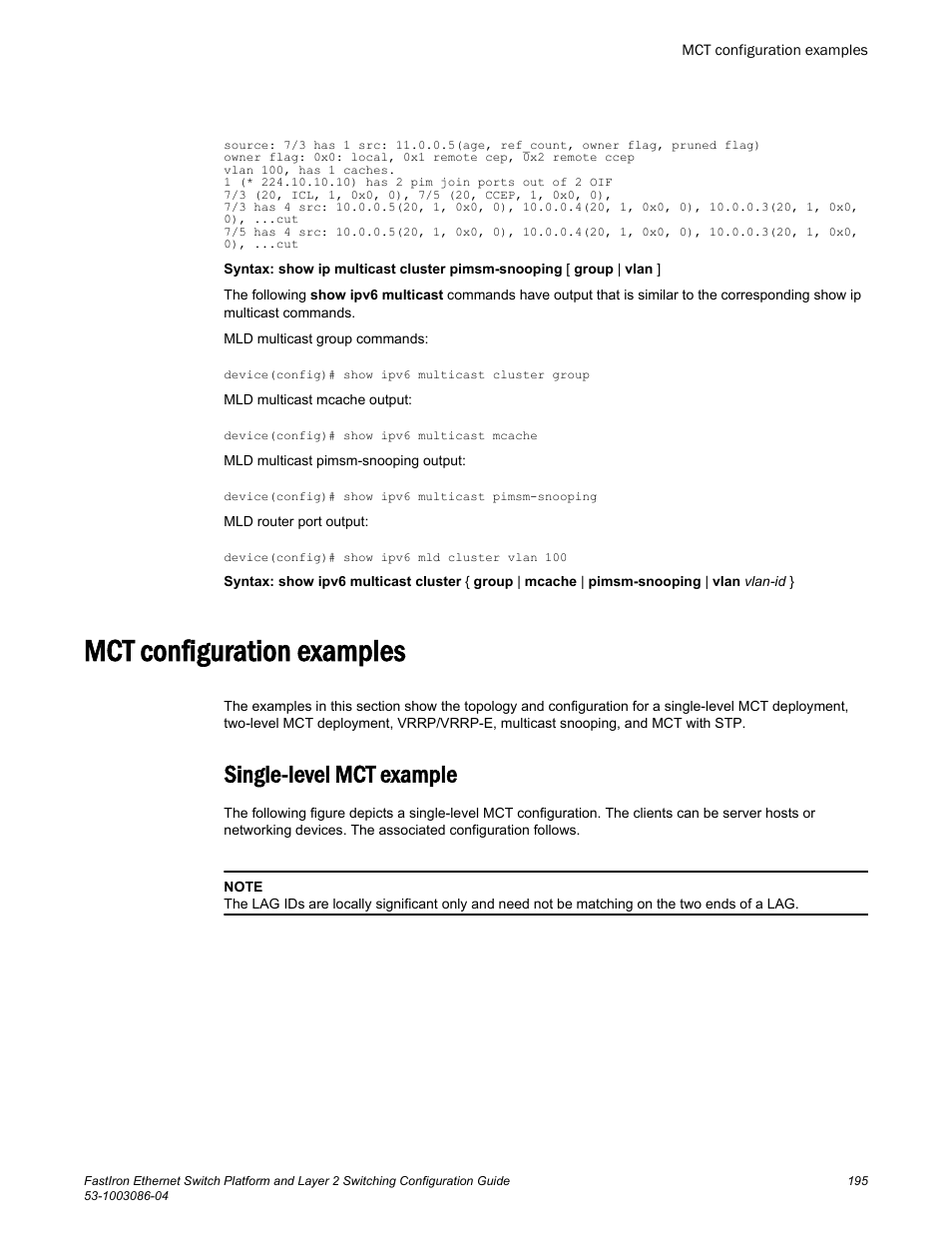Mct configuration examples, Single-level mct example | Brocade FastIron Ethernet Switch Platform and Layer 2 Switching Configuration Guide User Manual | Page 195 / 454