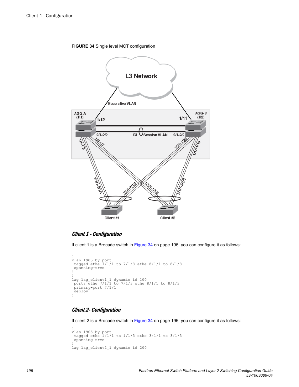 Client 1 - configuration, Client 2- configuration | Brocade FastIron Ethernet Switch Platform and Layer 2 Switching Configuration Guide User Manual | Page 196 / 454