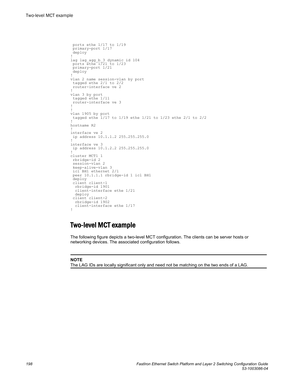 Two-level mct example | Brocade FastIron Ethernet Switch Platform and Layer 2 Switching Configuration Guide User Manual | Page 198 / 454