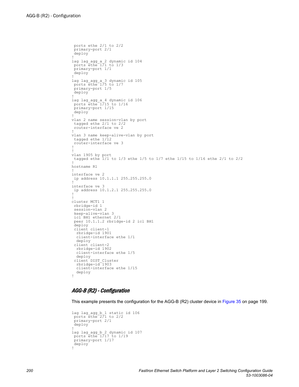 Agg-b (r2) - configuration | Brocade FastIron Ethernet Switch Platform and Layer 2 Switching Configuration Guide User Manual | Page 200 / 454