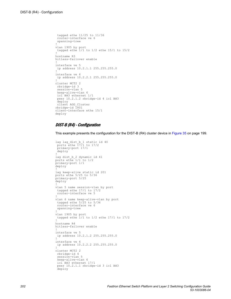 Dist-b (r4) - configuration | Brocade FastIron Ethernet Switch Platform and Layer 2 Switching Configuration Guide User Manual | Page 202 / 454