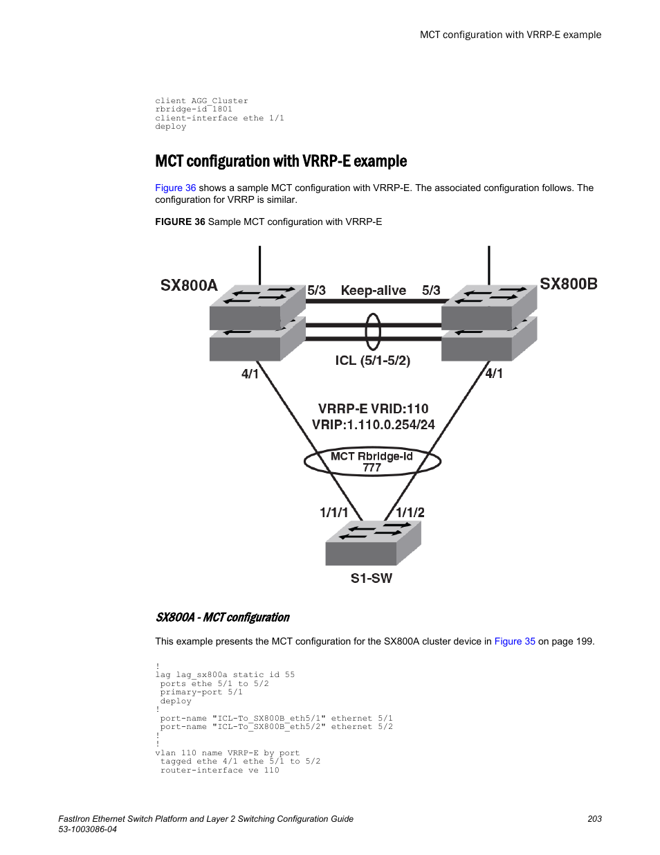 Mct configuration with vrrp-e example, Sx800a - mct configuration | Brocade FastIron Ethernet Switch Platform and Layer 2 Switching Configuration Guide User Manual | Page 203 / 454