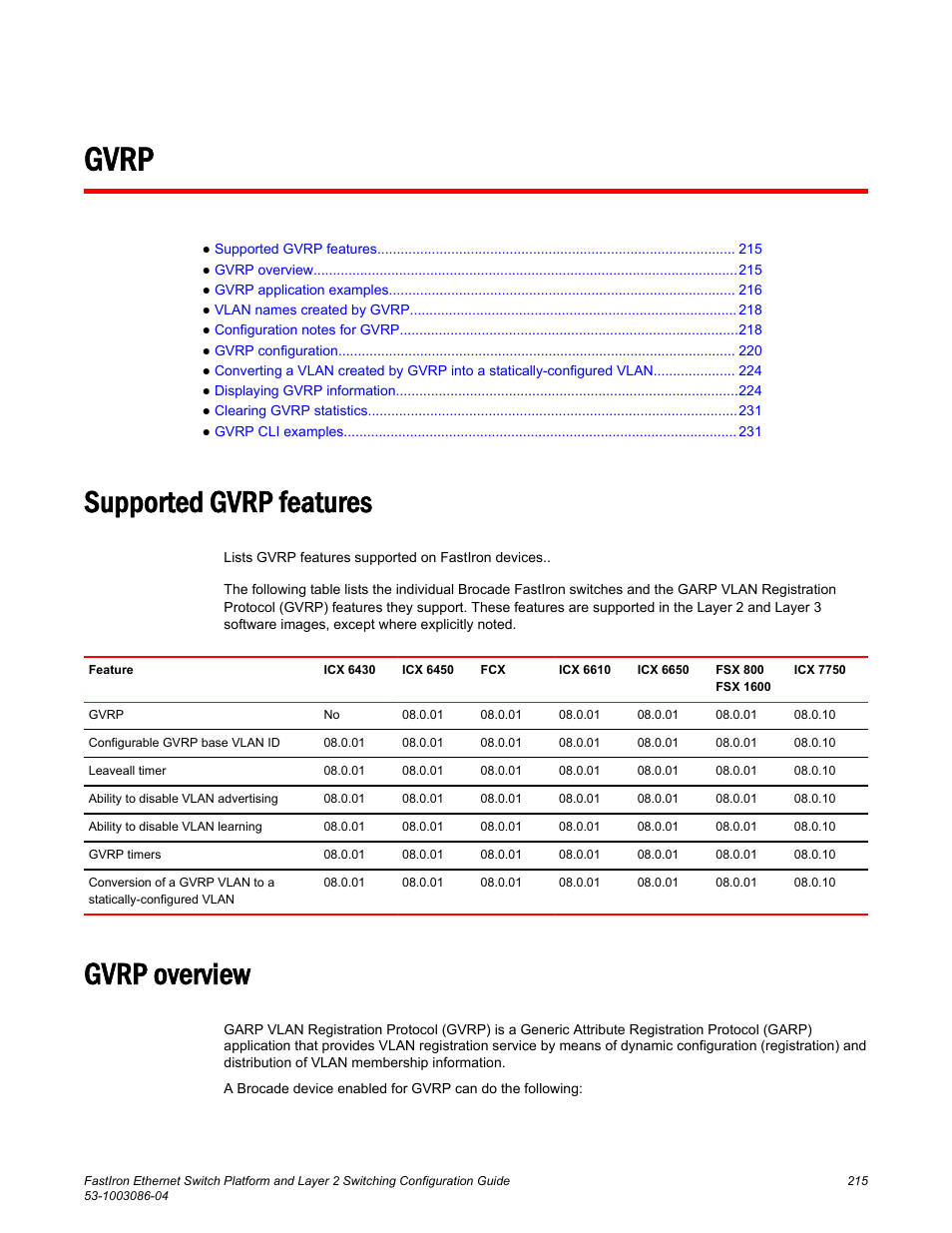 Gvrp, Supported gvrp features, Gvrp overview | Supported gvrp features gvrp overview | Brocade FastIron Ethernet Switch Platform and Layer 2 Switching Configuration Guide User Manual | Page 215 / 454