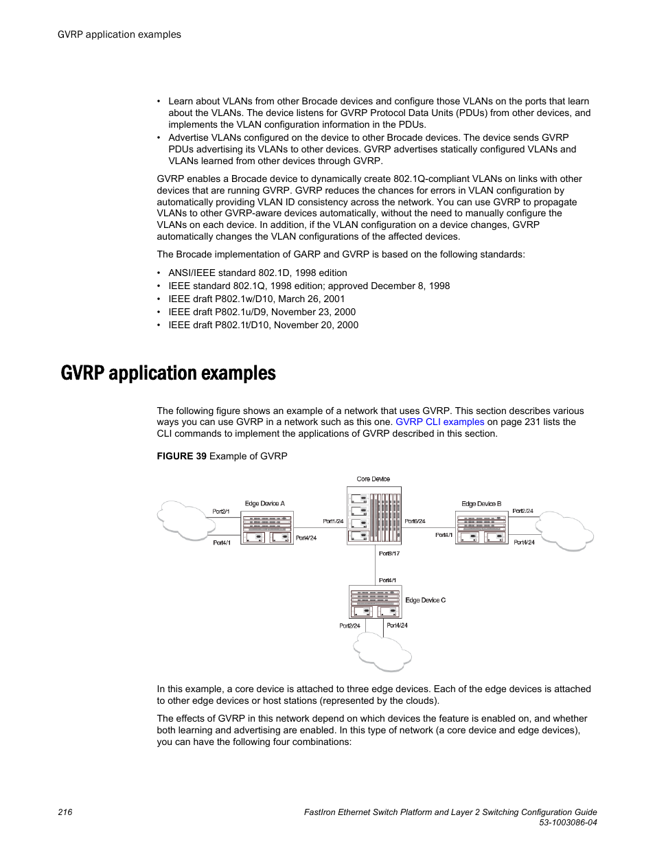 Gvrp application examples | Brocade FastIron Ethernet Switch Platform and Layer 2 Switching Configuration Guide User Manual | Page 216 / 454