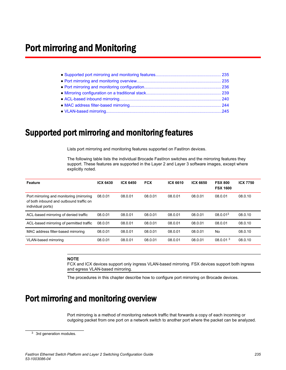 Port mirroring and monitoring, Supported port mirroring and monitoring features, Port mirroring and monitoring overview | Brocade FastIron Ethernet Switch Platform and Layer 2 Switching Configuration Guide User Manual | Page 235 / 454