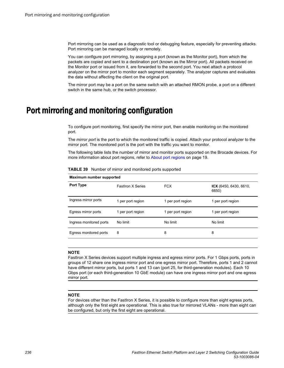 Port mirroring and monitoring configuration | Brocade FastIron Ethernet Switch Platform and Layer 2 Switching Configuration Guide User Manual | Page 236 / 454