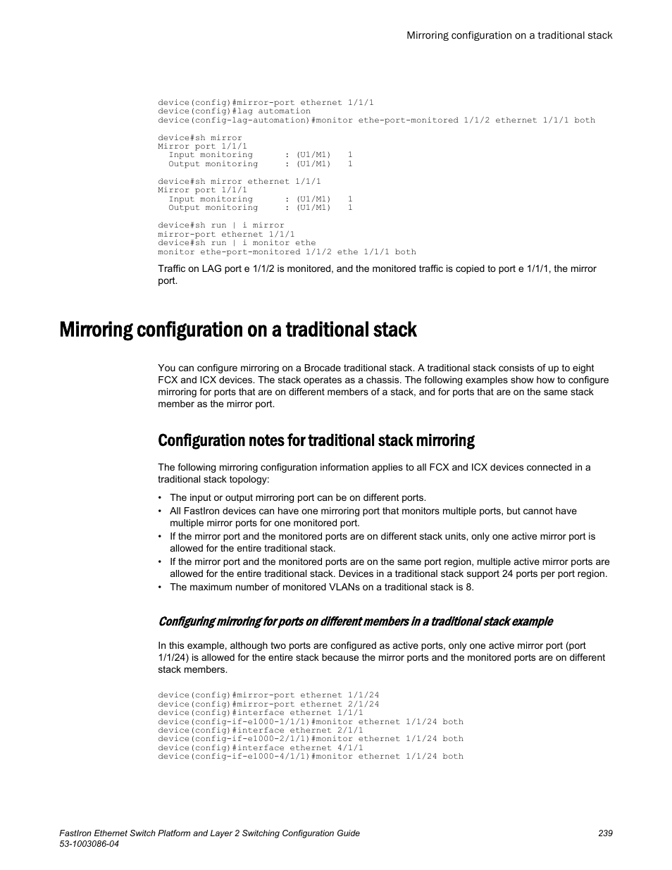Mirroring configuration on a traditional stack | Brocade FastIron Ethernet Switch Platform and Layer 2 Switching Configuration Guide User Manual | Page 239 / 454